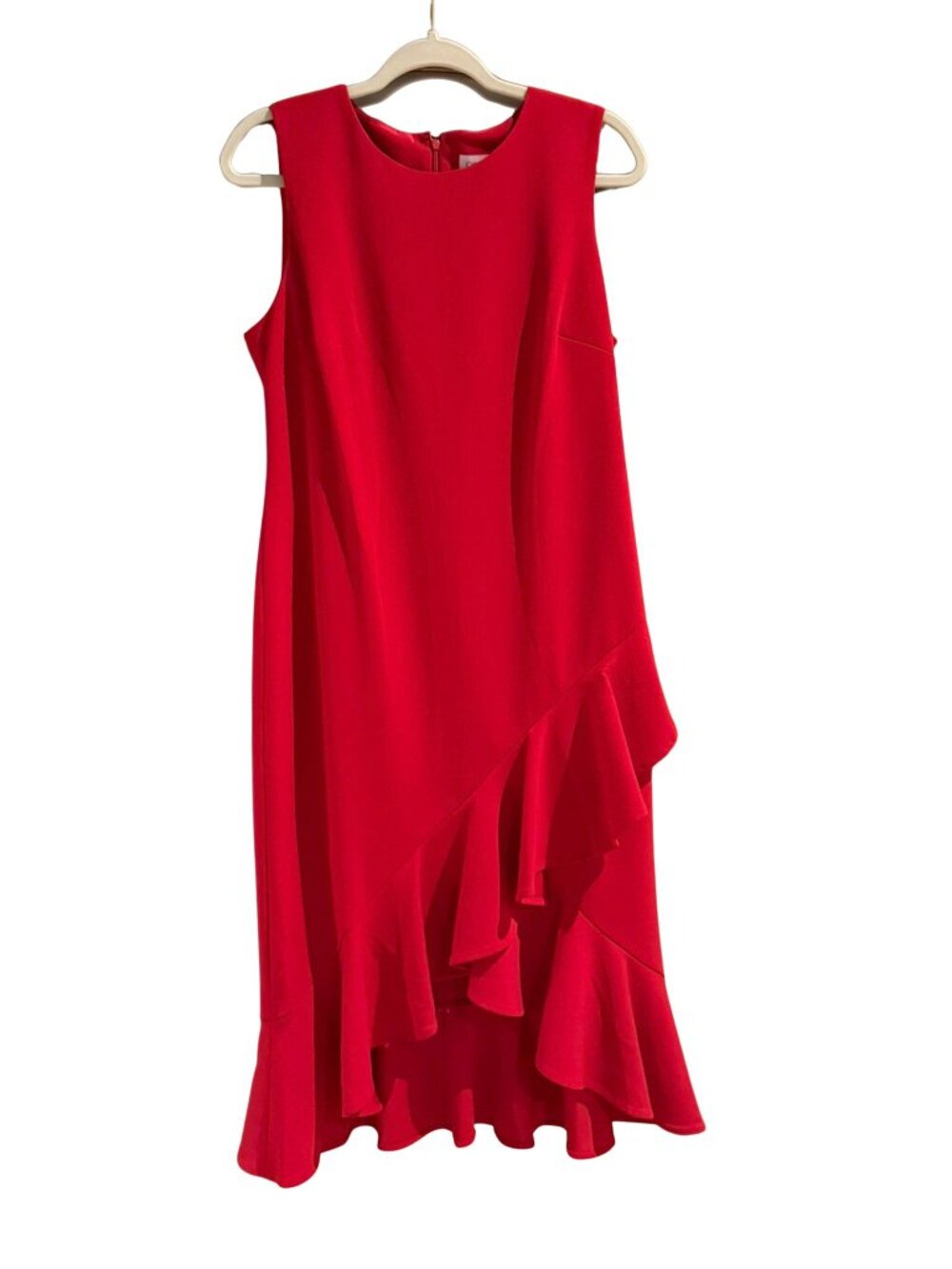 Calvin Klein Red Sleeveless Asymmetric Ruffle Hem Sheath Cocktail Dress 12